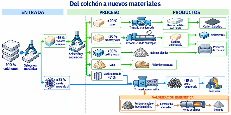 Diagrama del procés de valorització: selecció mecànica, separació de làtex, escumes, tèxtil, llana i molles, i sortides cap a nous materials
